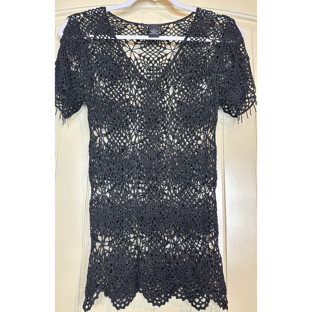 Limited Handknit Open Knit Sweater Crochet black Bohemian Y2K beaded tunic M